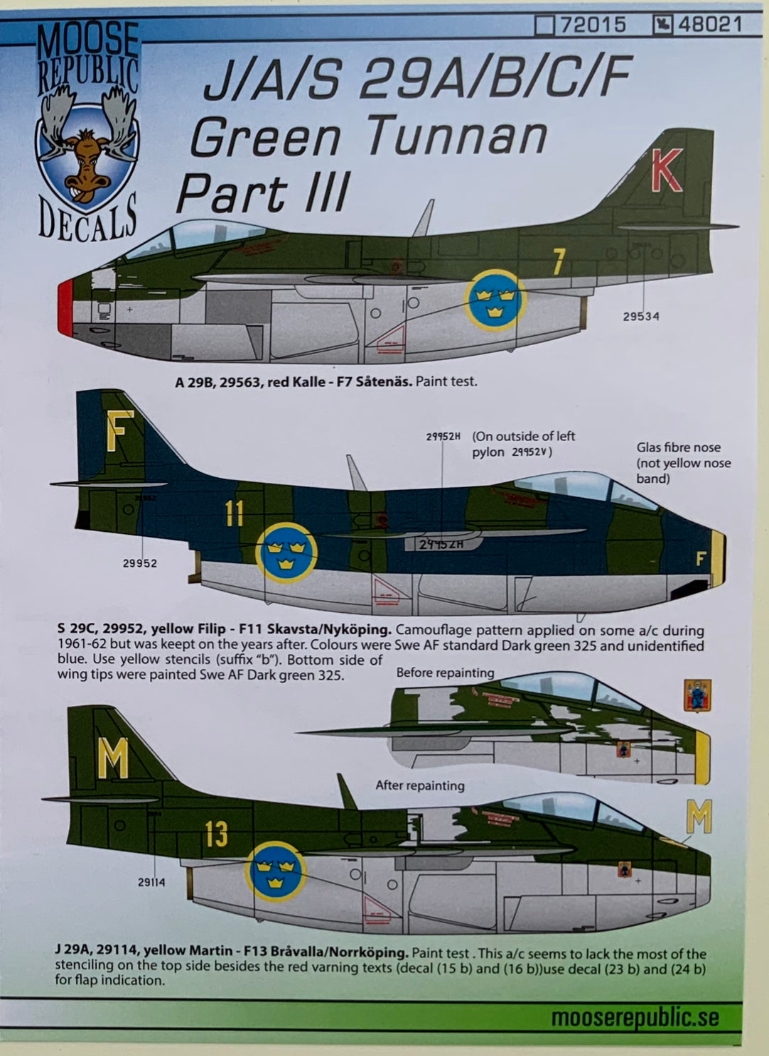 SAAB j 29 A/B/C/F Decals ”Tunnan Part III” 48D021 1/48 scale