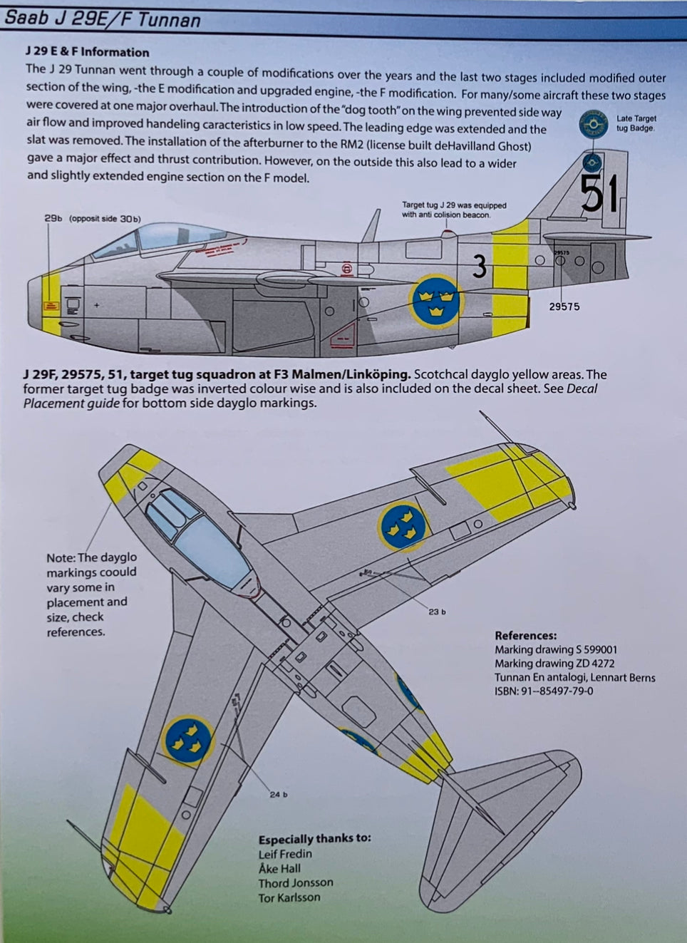 SAAB j 29 E/F Decals ”Tunnan Part II” 48D020 1/48 scale