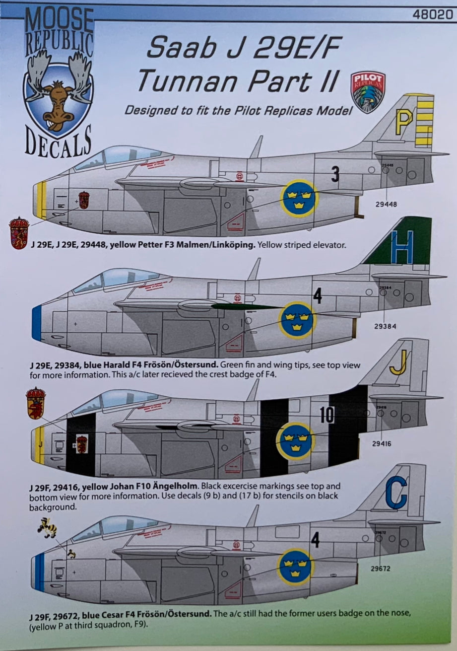 SAAB j 29 E/F Decals ”Tunnan Part II” 48D020 1/48 scale