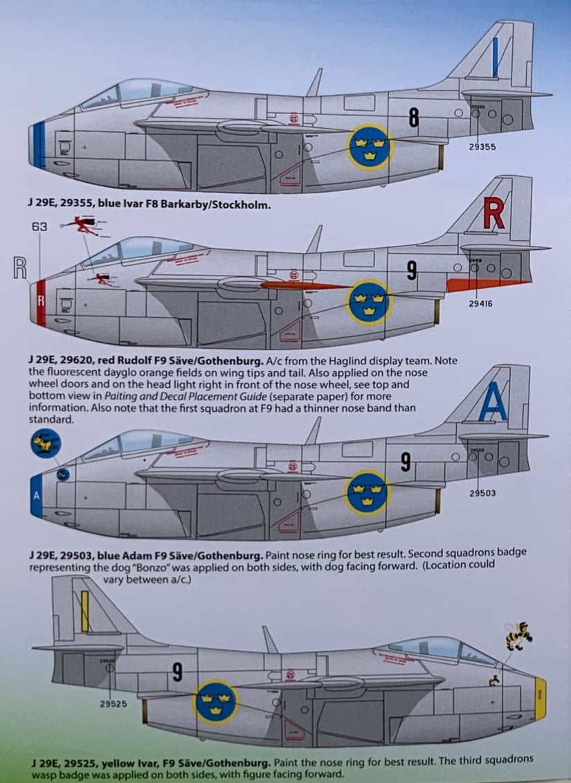 SAAB j 29 E/F Decals ”Tunnan Part II” 48D020 1/48 scale